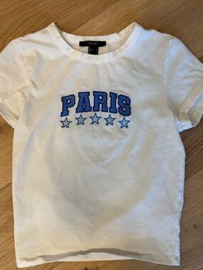 Forever 21 White 'PARIS' Graphic Tee with Blue Stars